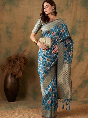 Sky Blue Color Weaving Work Organza Silk Blend Saree With Blouse 3