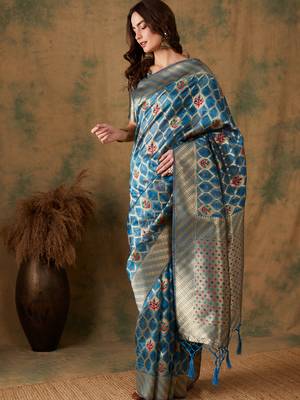 Sky Blue Color Weaving Work Organza Silk Blend Saree With Blouse 4