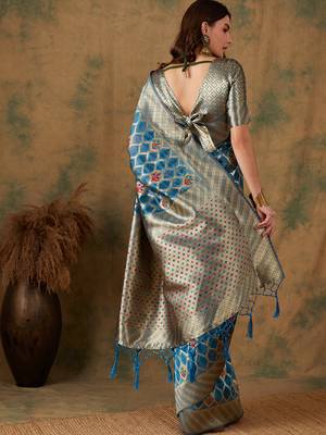 Sky Blue Color Weaving Work Organza Silk Blend Saree With Blouse 5