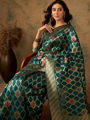 Olive Color Weaving Work Organza Silk Blend Saree With Blouse 1