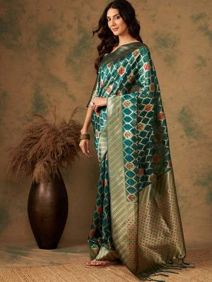 Olive Color Weaving Work Organza Silk Blend Saree With Blouse 2