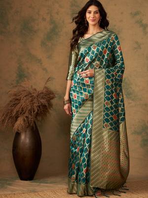 Olive Color Weaving Work Organza Silk Blend Saree With Blouse 3