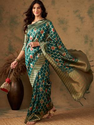 Olive Color Weaving Work Organza Silk Blend Saree With Blouse 4