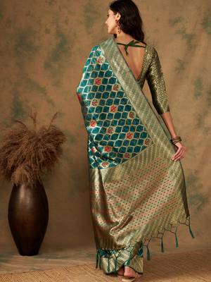 Olive Color Weaving Work Organza Silk Blend Saree With Blouse 5
