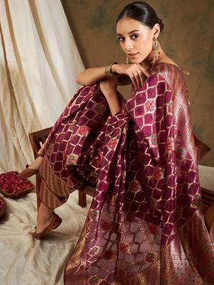 Burgundy Color Weaving Work Organza Silk Blend Saree With Blouse 1