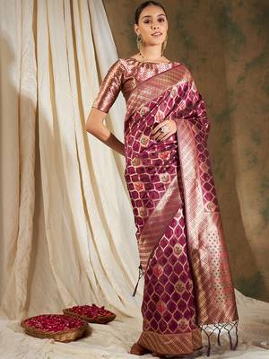 Burgundy Color Weaving Work Organza Silk Blend Saree With Blouse 2