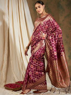Burgundy Color Weaving Work Organza Silk Blend Saree With Blouse 3