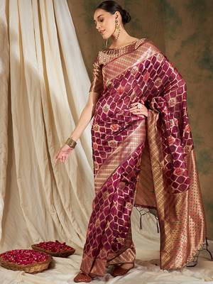 Burgundy Color Weaving Work Organza Silk Blend Saree With Blouse 4