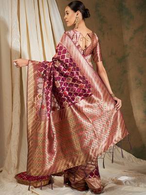 Burgundy Color Weaving Work Organza Silk Blend Saree With Blouse 5