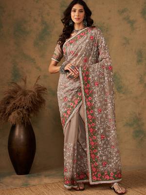 Mouse grey color embroidery work soft organza saree with blouse 1