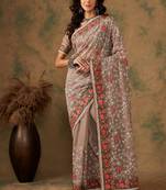 Mouse grey color embroidery work soft organza saree with blouse