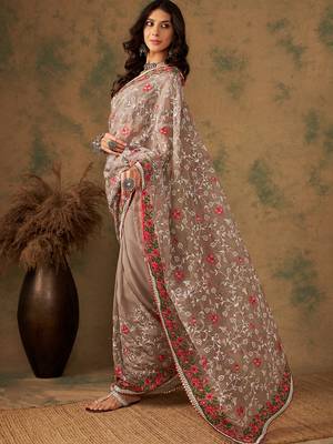 Mouse grey color embroidery work soft organza saree with blouse 2