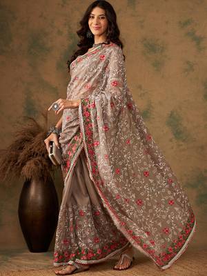 Mouse grey color embroidery work soft organza saree with blouse 3