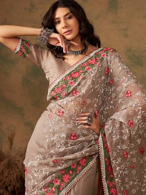 Mouse grey color embroidery work soft organza saree with blouse 4
