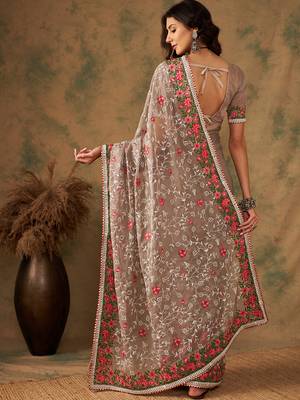 Mouse grey color embroidery work soft organza saree with blouse 5