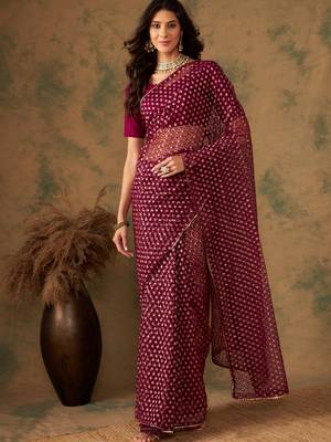 Wine Color Weaving Work Heavy Net Saree With Blouse 1