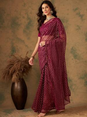 Wine Color Weaving Work Heavy Net Saree With Blouse 2