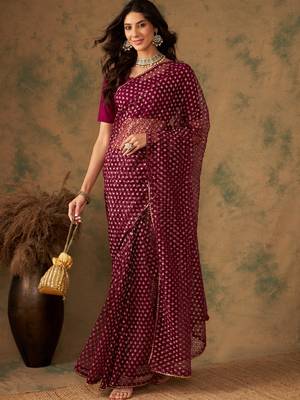 Wine Color Weaving Work Heavy Net Saree With Blouse 3