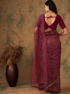 Wine Color Weaving Work Heavy Net Saree With Blouse 4