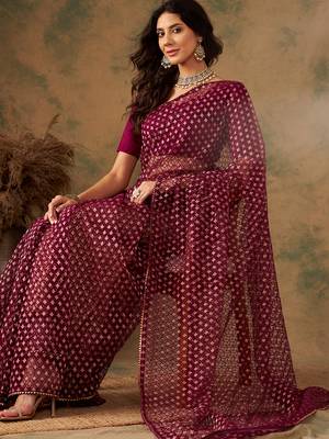 Wine Color Weaving Work Heavy Net Saree With Blouse 5