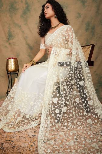 Cream Color Embroidered Work Net Saree With Blouse