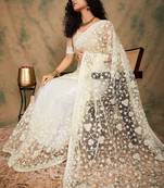Cream Color Embroidered Work Net Saree With Blouse