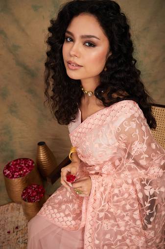 Peach Color Embroidered Work Net Saree With Blouse