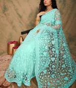 Turquoise Color Embroidered Work Net Saree With Blouse
