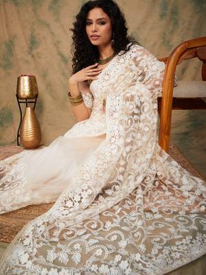 Peach Color Embroidered Work Net Saree With Blouse 1