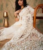 Peach Color Embroidered Work Net Saree With Blouse