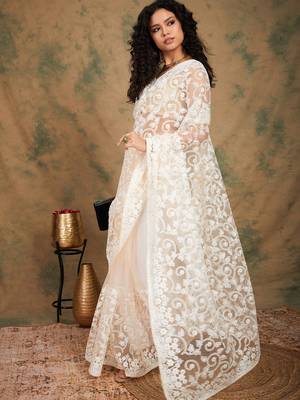 Peach Color Embroidered Work Net Saree With Blouse 2