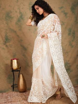 Peach Color Embroidered Work Net Saree With Blouse 3