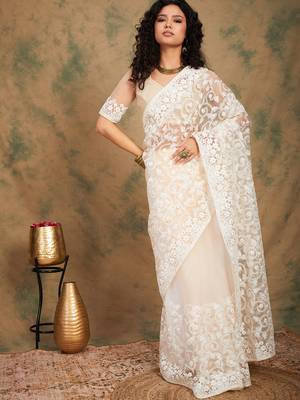 Peach Color Embroidered Work Net Saree With Blouse 4