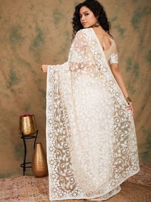 Peach Color Embroidered Work Net Saree With Blouse 5