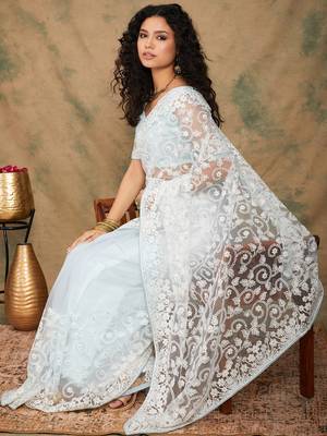 Light Sky Blue Color Embroidered Work Net Saree With Blouse 1