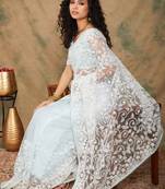 Light Sky Blue Color Embroidered Work Net Saree With Blouse