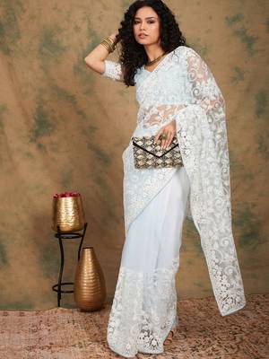 Light Sky Blue Color Embroidered Work Net Saree With Blouse 2