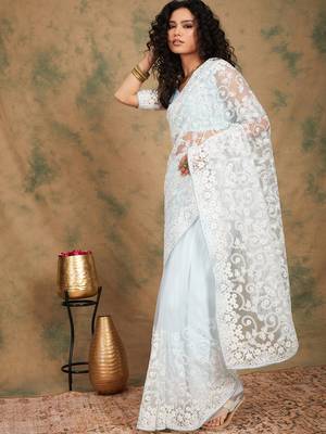 Light Sky Blue Color Embroidered Work Net Saree With Blouse 3