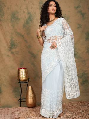 Light Sky Blue Color Embroidered Work Net Saree With Blouse 4