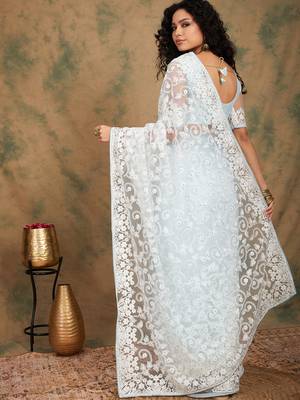 Light Sky Blue Color Embroidered Work Net Saree With Blouse 5