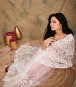 Baby Pink Color Embroidered Work Net Saree With Blouse