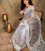 Grey Color Embroidered Work Net Saree With Blouse
