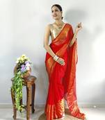 Red faux georgette embroidered pre stitched saree