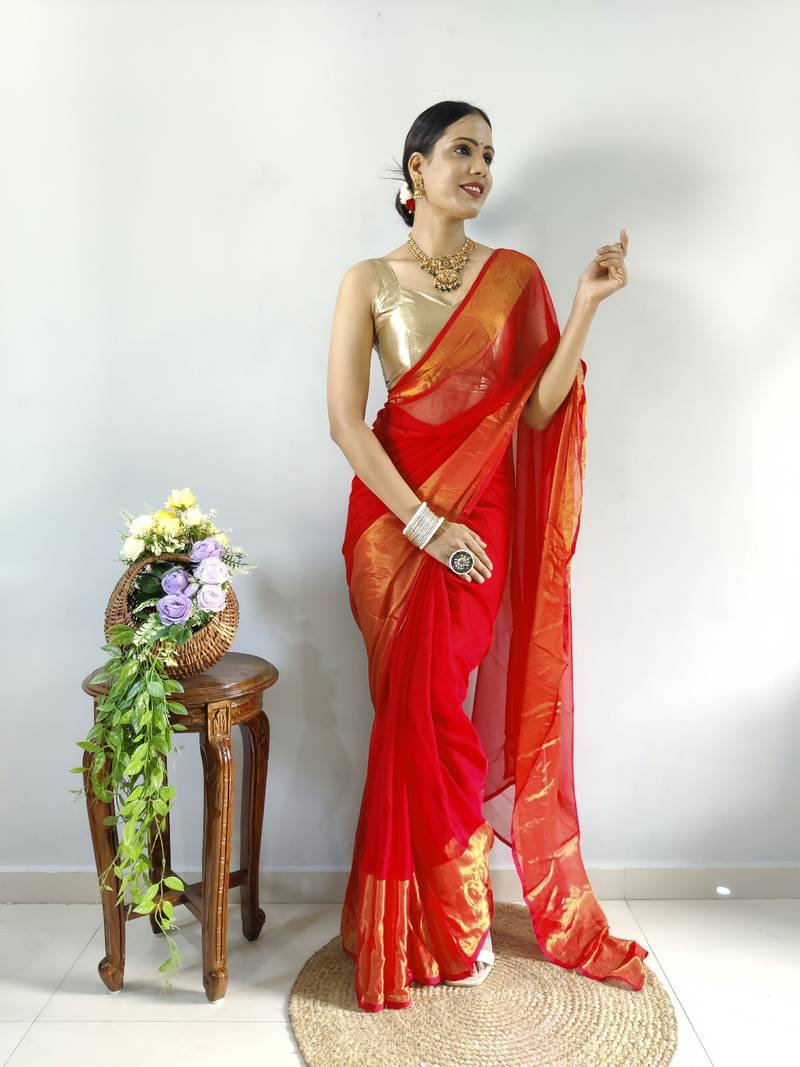 Red faux georgette embroidered pre stitched saree