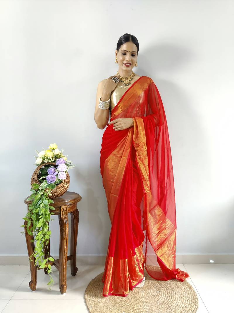 Red faux georgette embroidered pre stitched saree