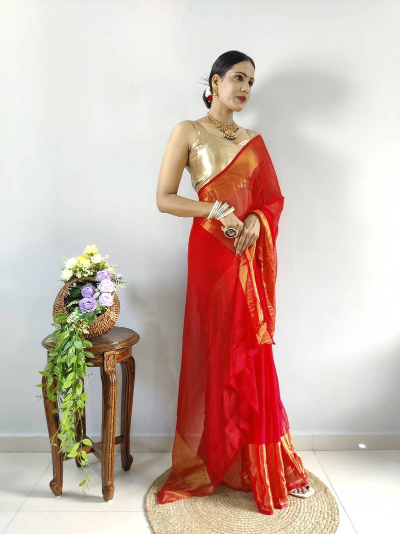 Red faux georgette embroidered pre stitched saree