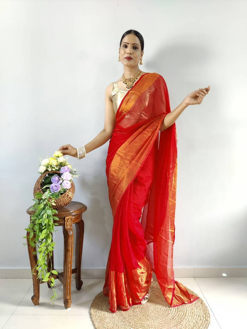 Red faux georgette embroidered pre stitched saree