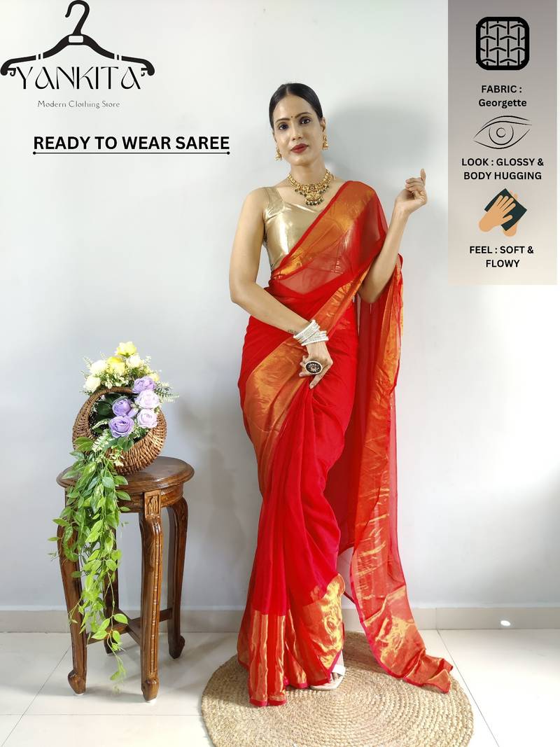 Red faux georgette embroidered pre stitched saree