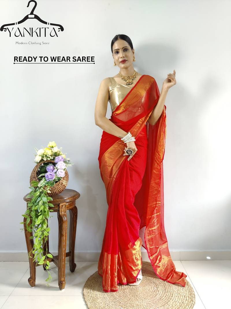 Red faux georgette embroidered pre stitched saree