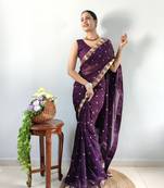 ready to wear purple faux georgette embroidered saree